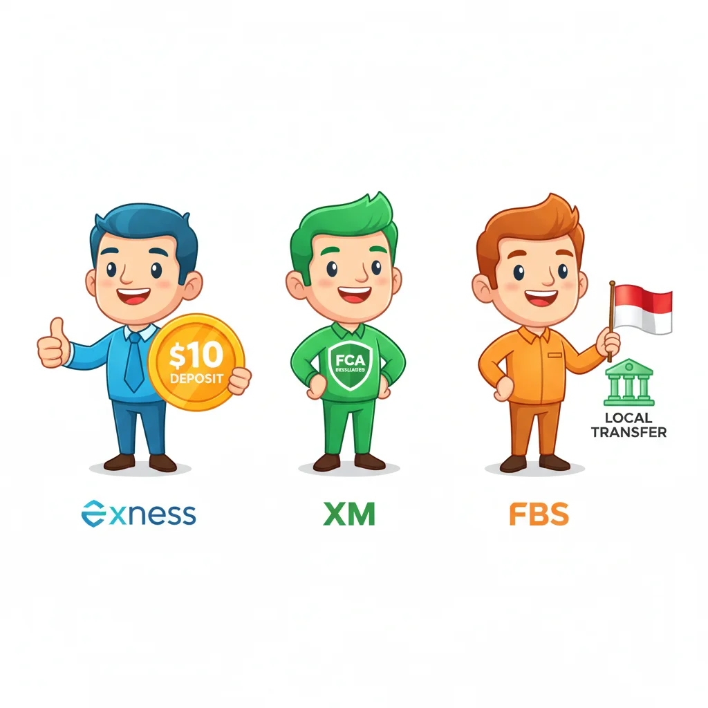 Three cartoon characters representing three forex brokers with symbols for low deposit, regulation, and local payment methods