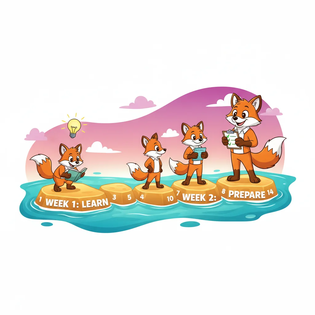 Cartoon character confidently walking across 14 stepping stones over two weeks, progressing from learning phase to preparation phase with visible emotional growth