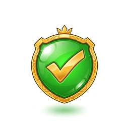 A golden shield with a green center and a golden checkmark, topped with a crown.