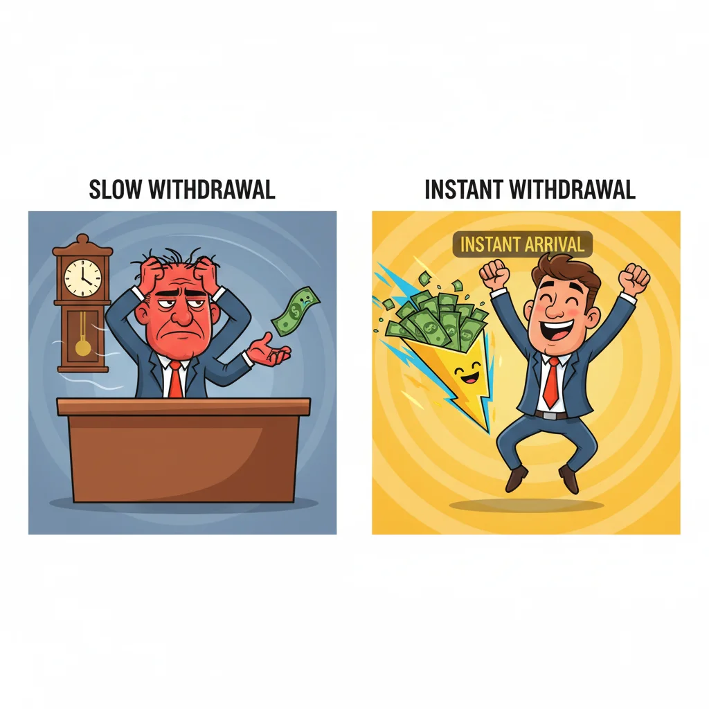 Cartoon comparison showing slow withdrawal (left) versus instant withdrawal (right) with happy and frustrated trader characters