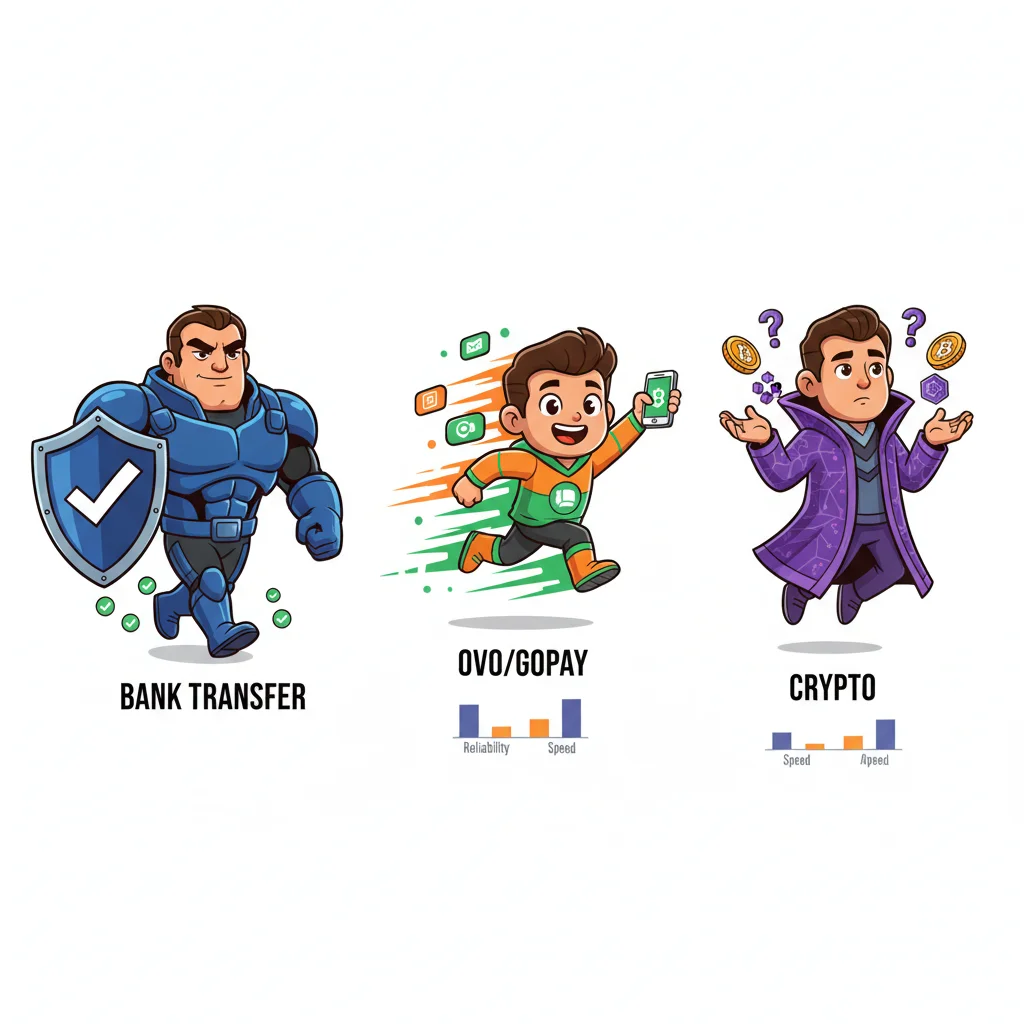 Three cartoon characters representing bank transfer, OVO/GoPay, and crypto payment methods with different personality traits and speeds
