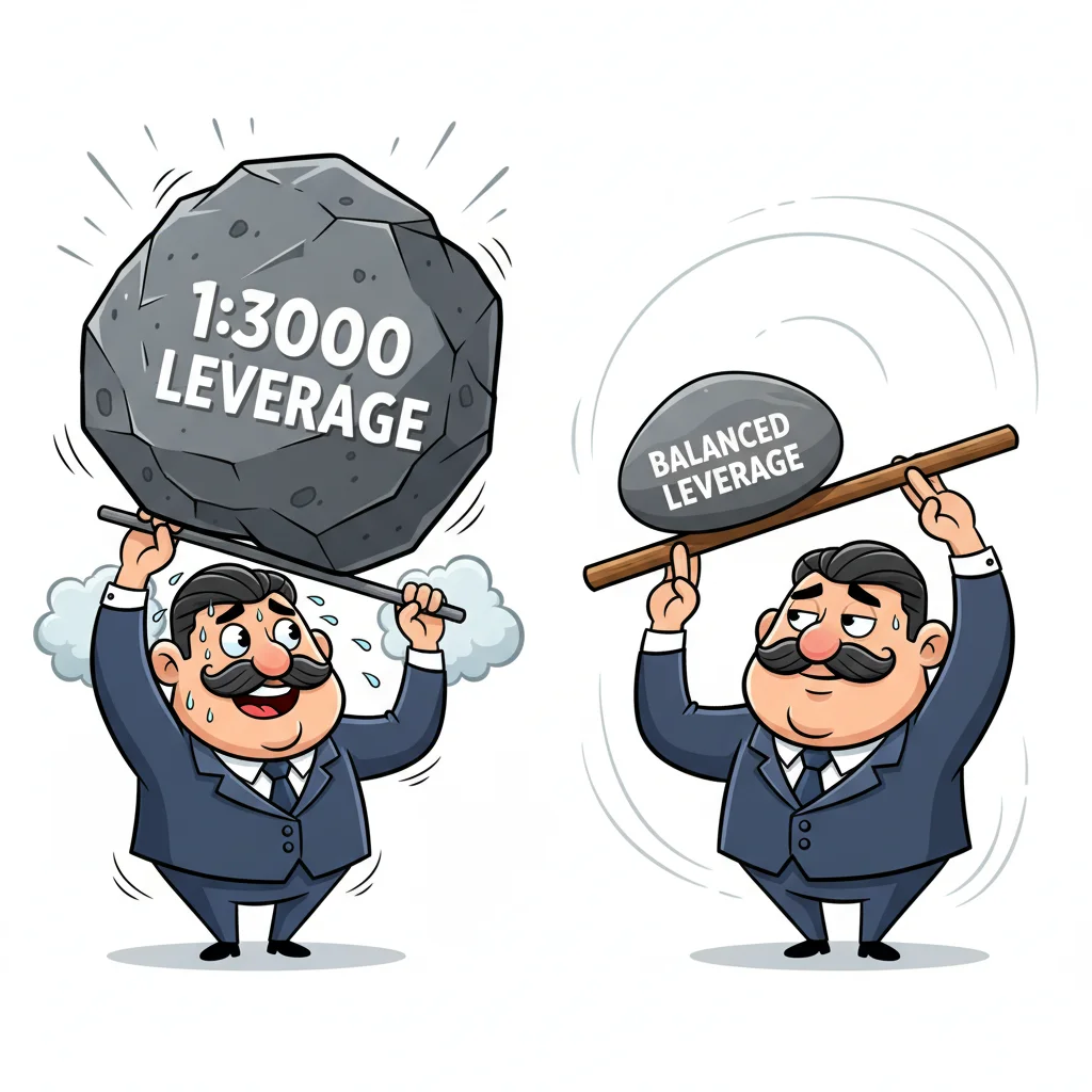 Cartoon comparison showing a nervous trader struggling with extreme leverage on the left versus a confident trader with balanced leverage on the right, illustrating why bigger leverage numbers aren't always better for forex trading.