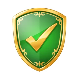 A green and gold shield with a golden checkmark in the center, symbolizing security or approval.