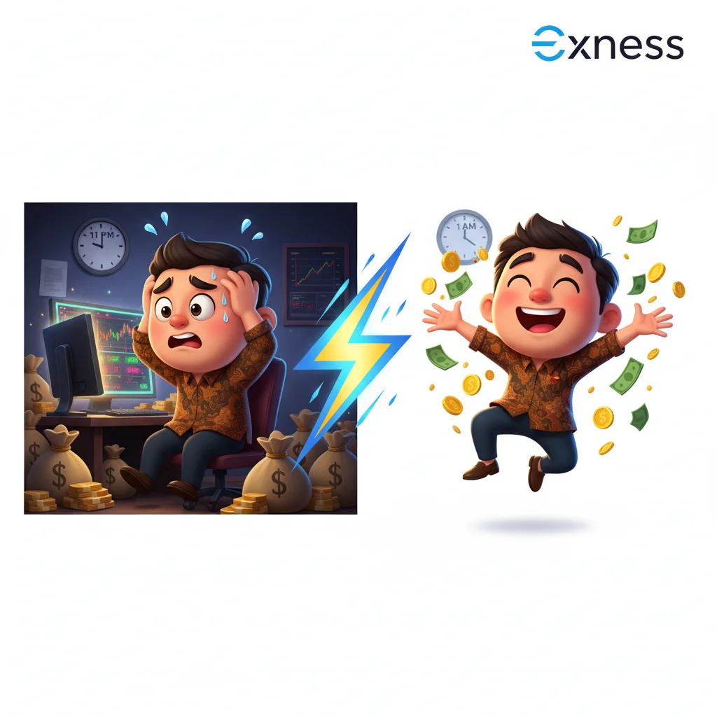 Cartoon comparison showing trader before and after fast Exness withdrawal at night