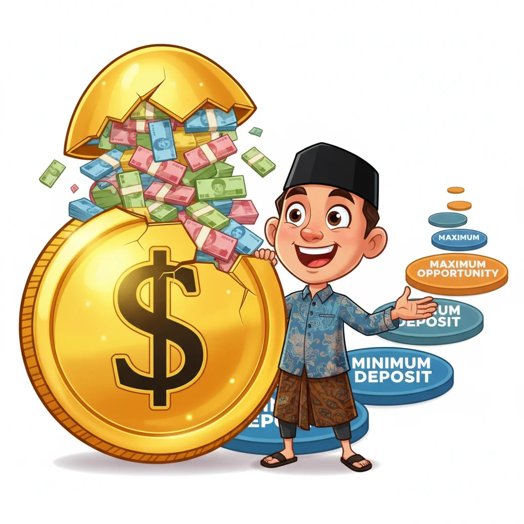 Cartoon illustration of a surprised trader standing next to a giant golden coin cracking open to reveal stacks of money, representing FBS's ultra-low $1 minimum deposit requirement