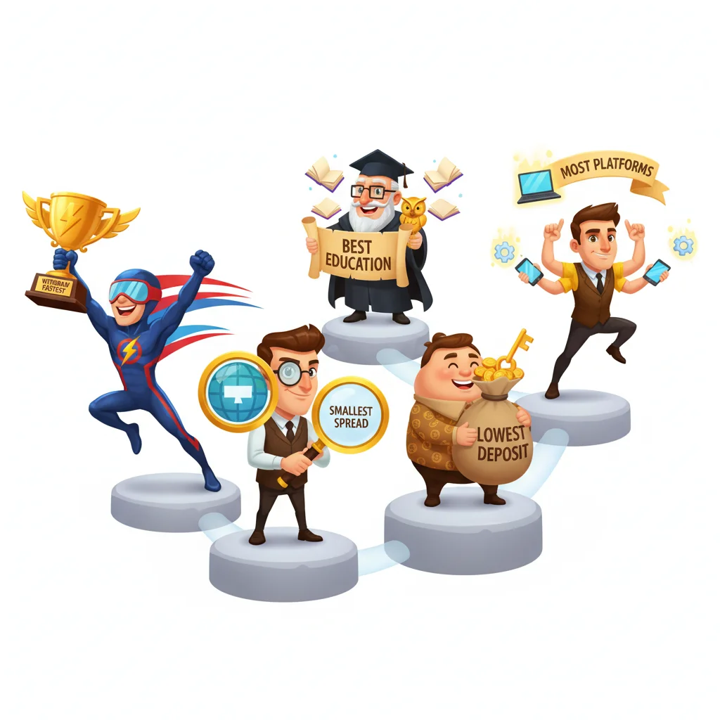 Five cartoon characters on stepping stones representing five forex platform categories: fastest withdrawal, best education, smallest spread, lowest deposit, and most platforms