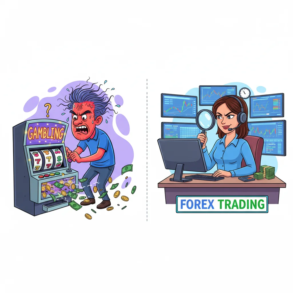 Cartoon character comparison: confused gambler at slot machine versus focused forex trader with analysis tools