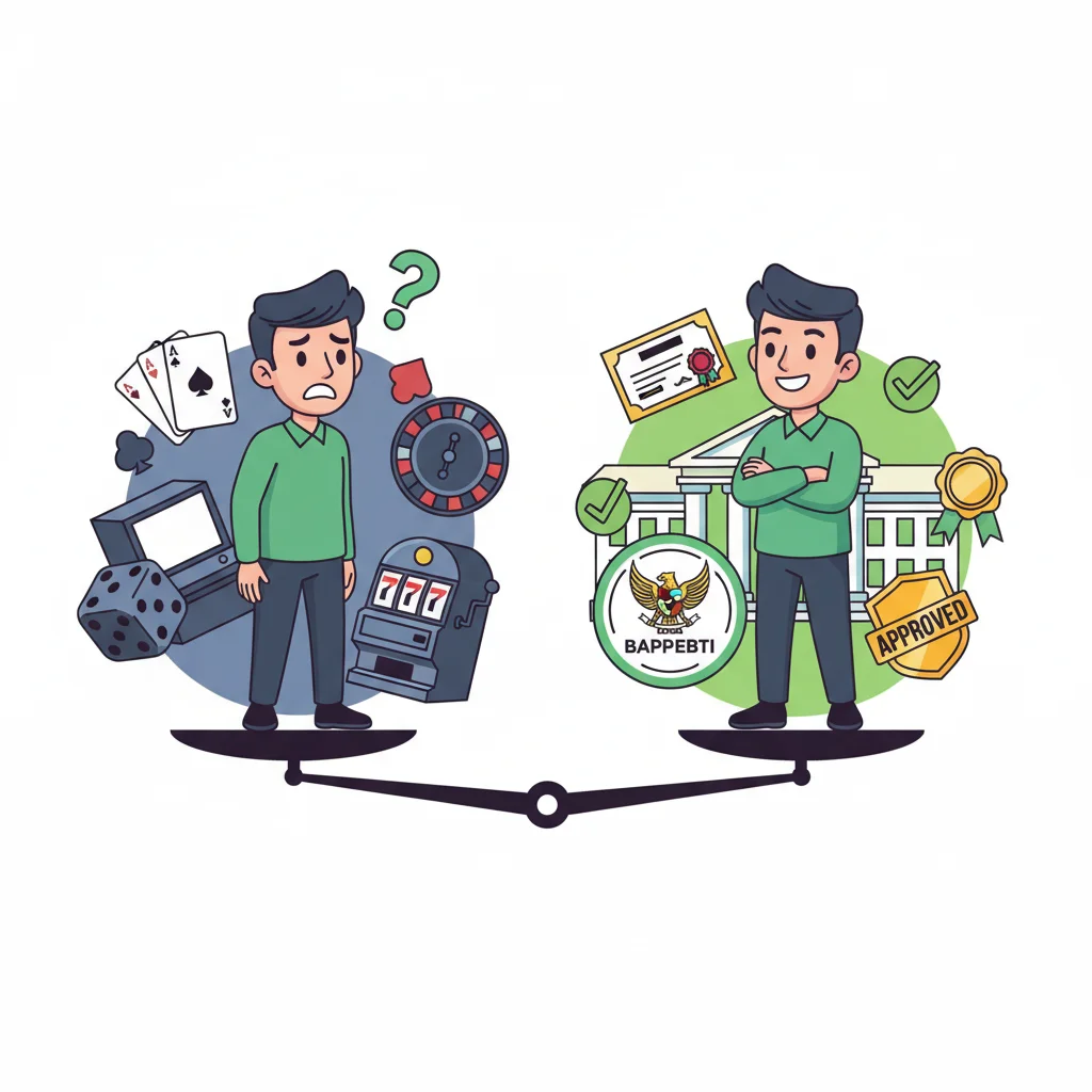 Cartoon comparison showing transformation from gambling perception to regulated financial activity with government oversight symbols
