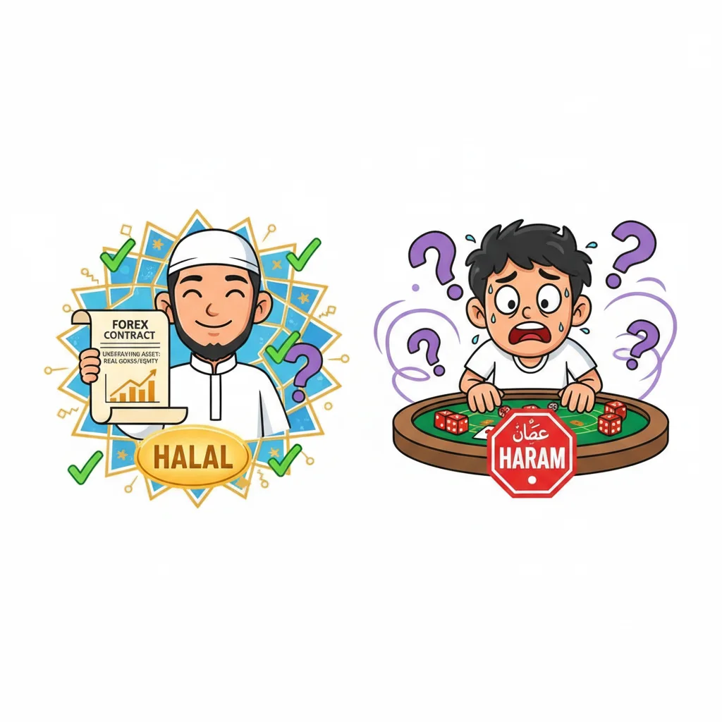Comparison of halal forex trading vs gambling in Islam - left shows legitimate investor with contract, right shows gambler with dice