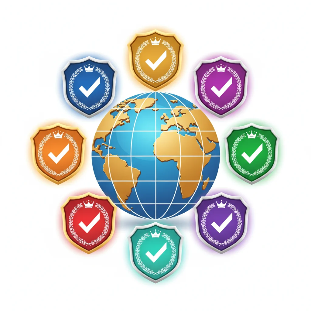A globe surrounded by colorful shields with checkmarks and crowns, symbolizing global security.