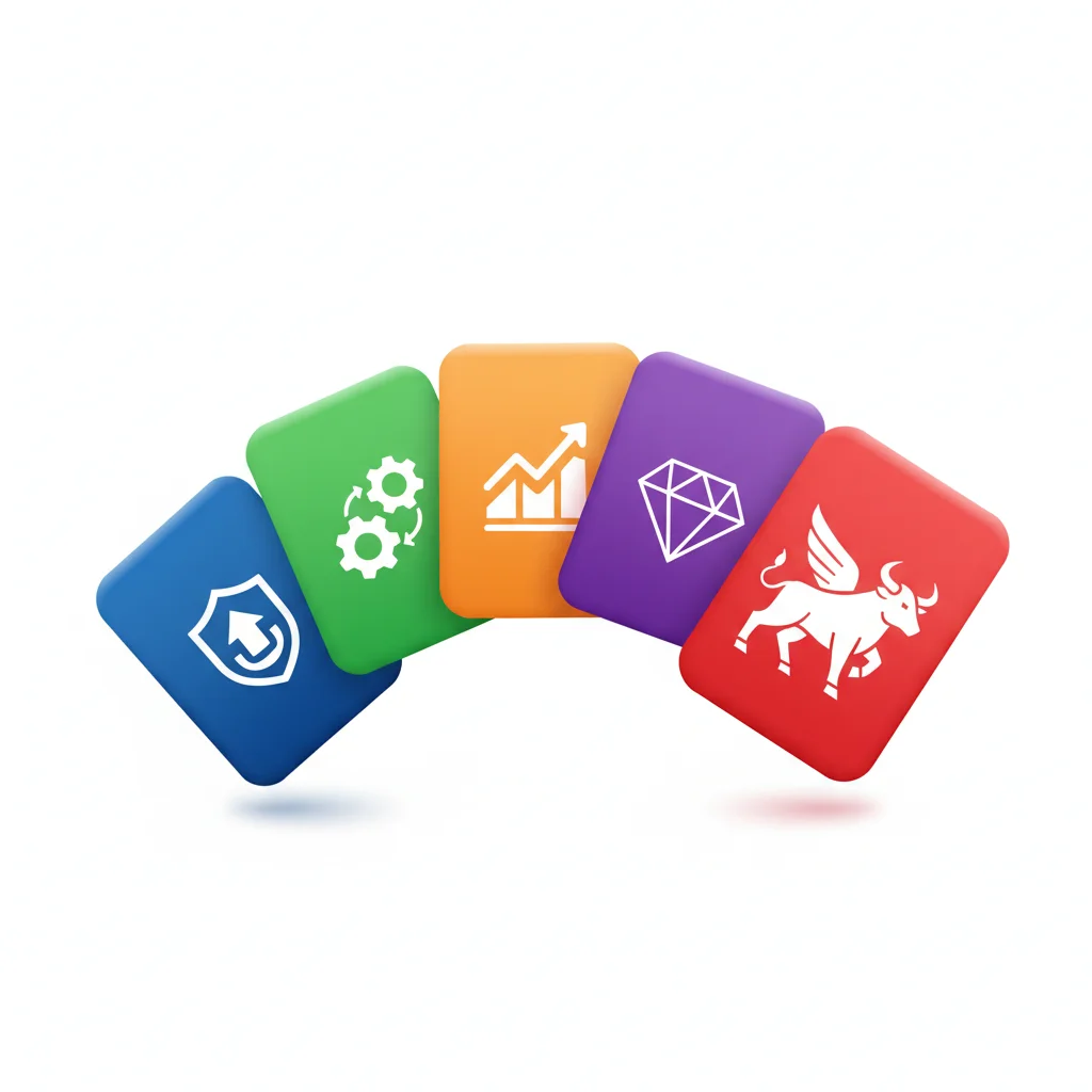 Five colorful cards with finance-related icons arranged in an arc.