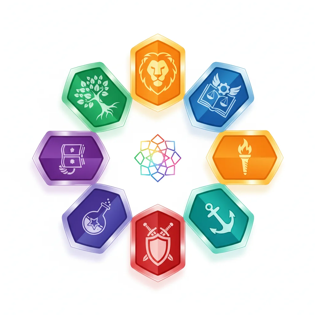 Eight colorful hexagonal icons with various symbols arranged in a circle around a central geometric pattern.