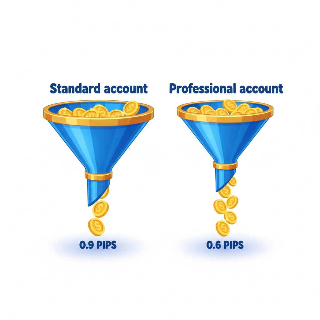 Two funnels, one labeled "Standard account" with 0.9 PIPS and another "Professional account" with 0.6 PIPS, both dispensing gold coins.