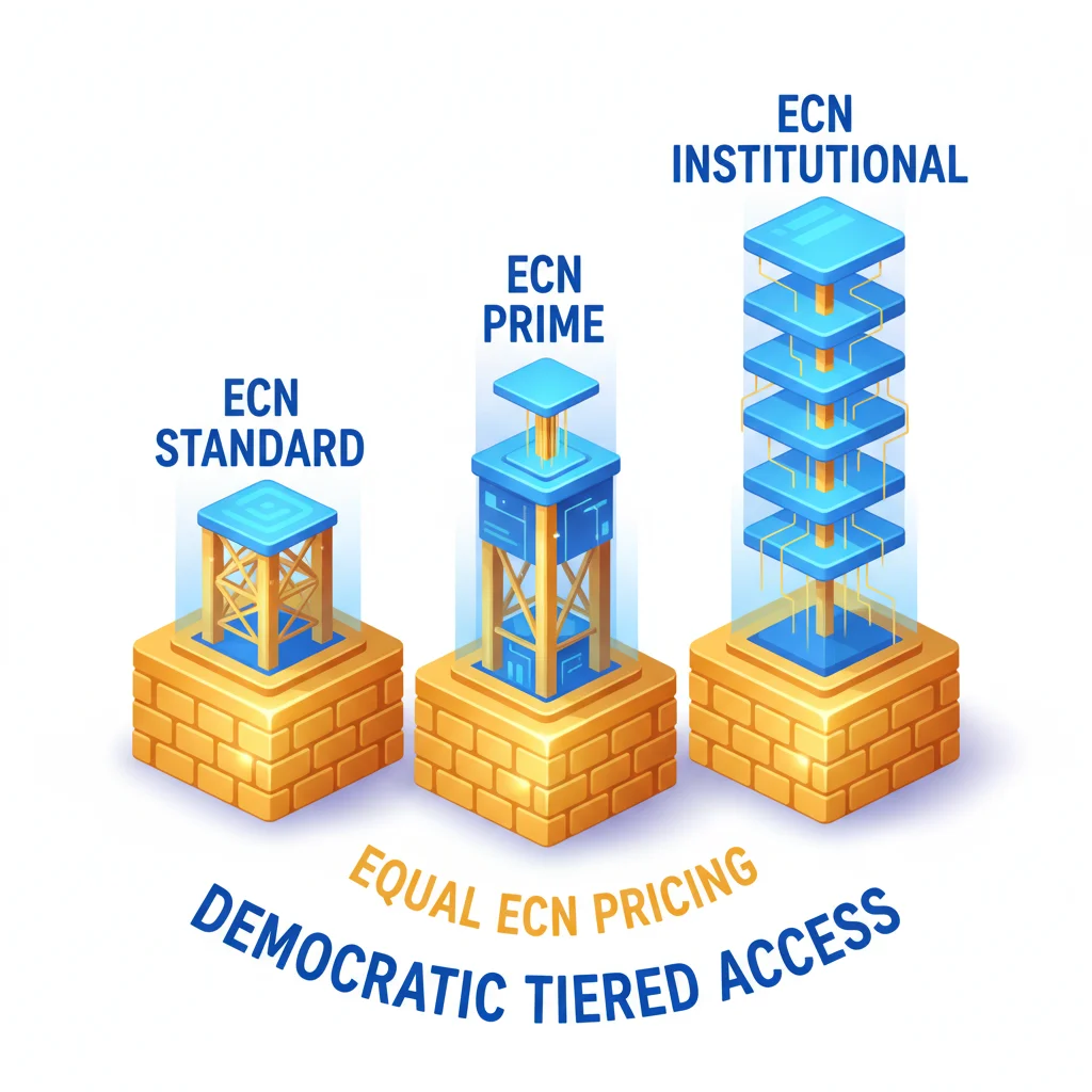 An illustration showing three tiers of ECN access: Standard, Prime, and Institutional, with equal pricing.
