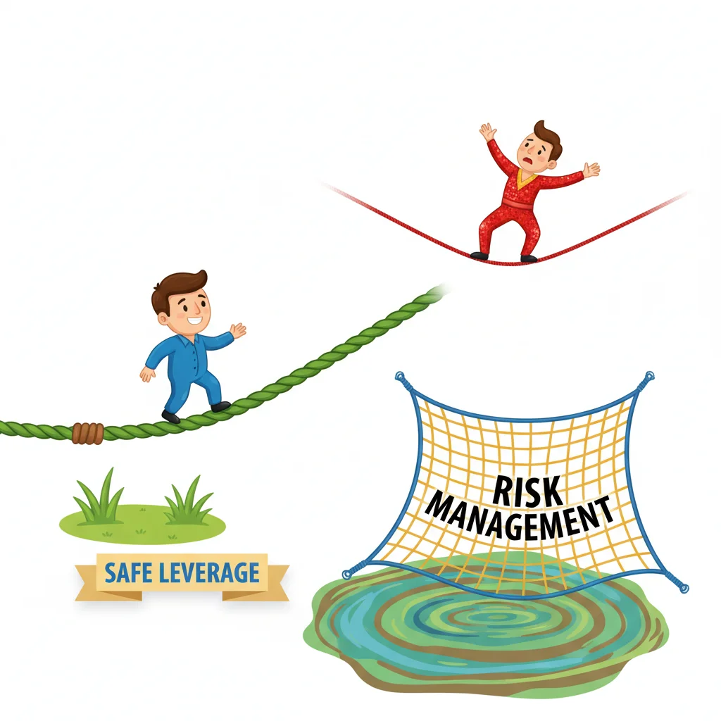 An illustration contrasting safe leverage with risky leverage, mitigated by risk management.