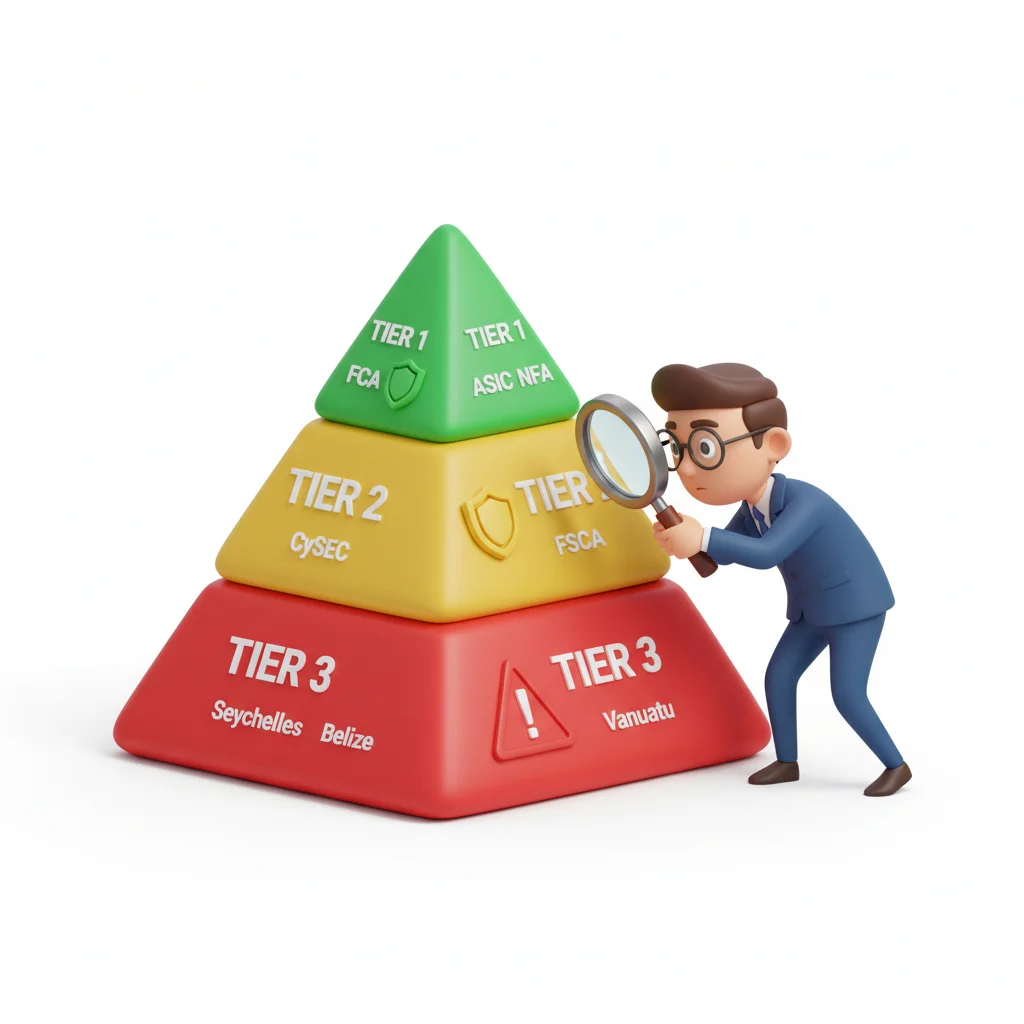 Broker düzenleme piramidi — Katman 1 (FCA, ASIC) en güvenli, Katman 3 (offshore) en yüksek riskli