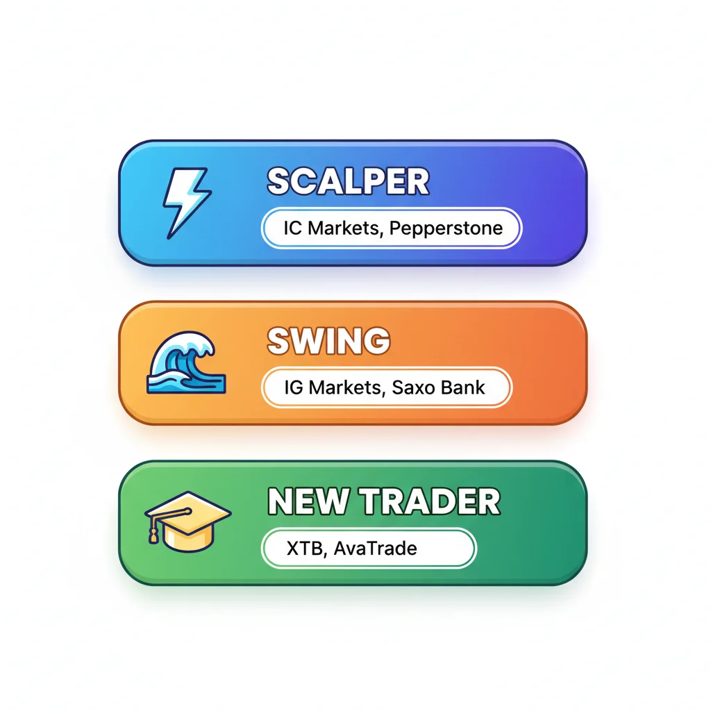 Broker eşleştirme tablosu — scalperlar dar spreadlere, swing traderlar düşük gecelik ücretlere, acemiler basitliğe ihtiyaç duyar