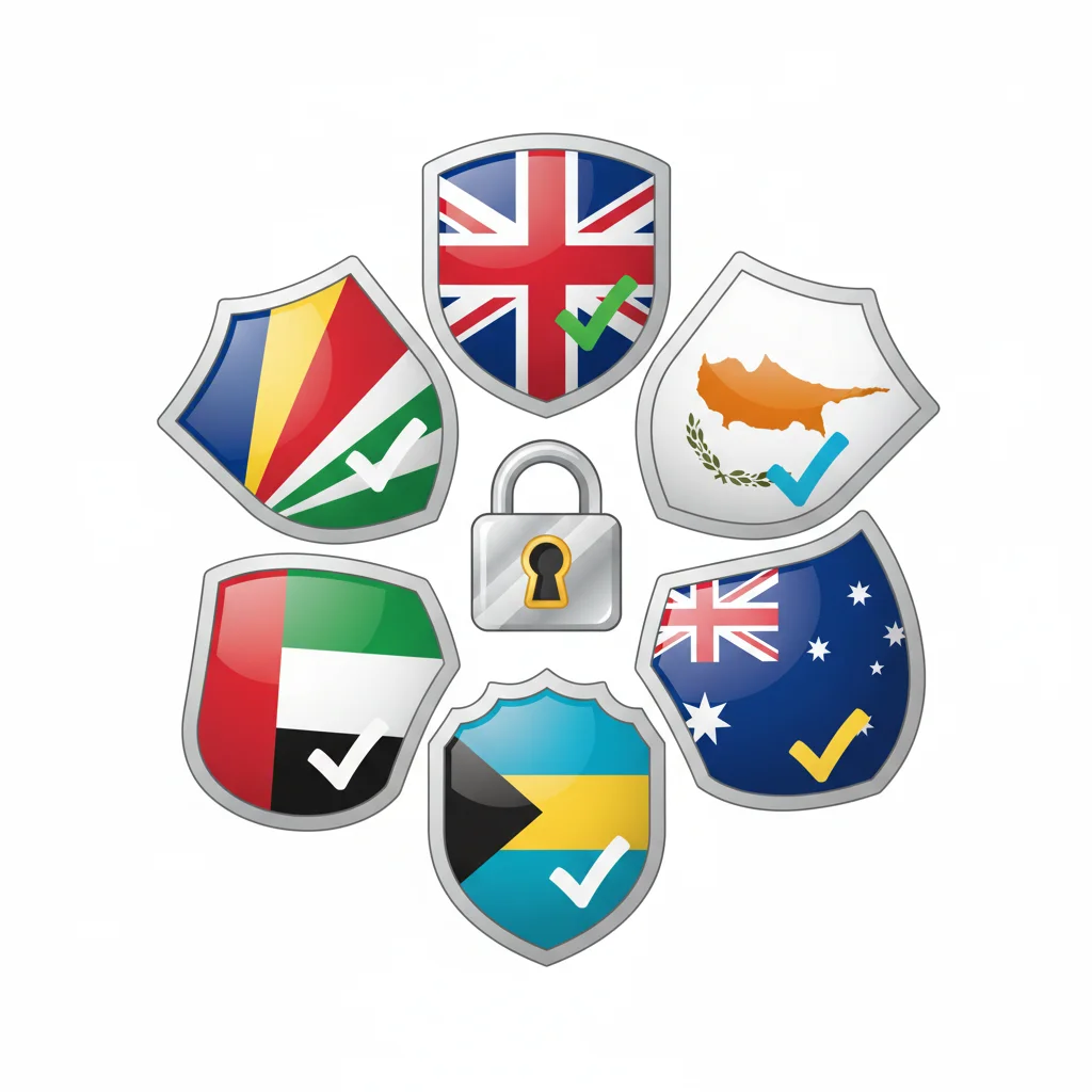 Six shield-shaped flags of different countries surround a padlock, each with a checkmark.