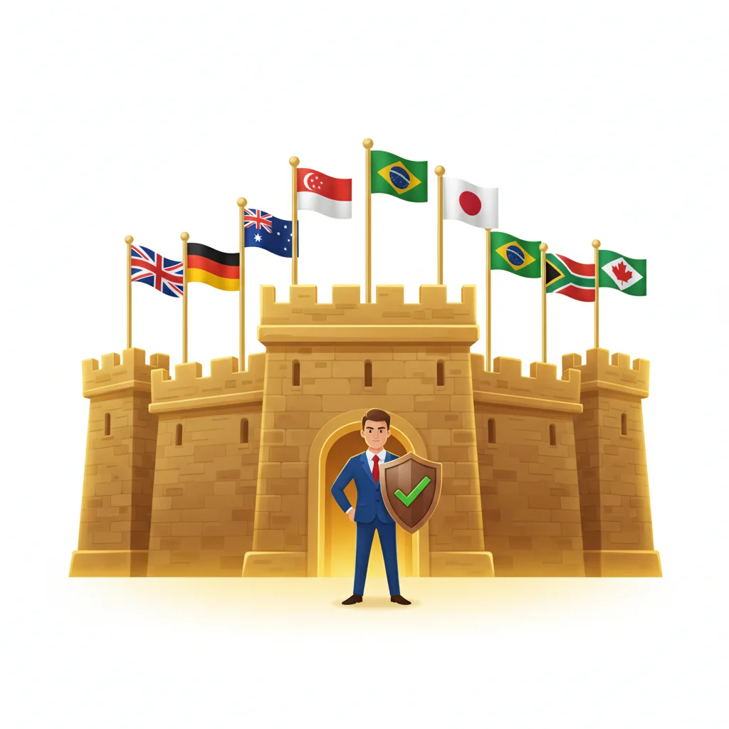 A businessman with a shield stands before a castle adorned with various national flags.