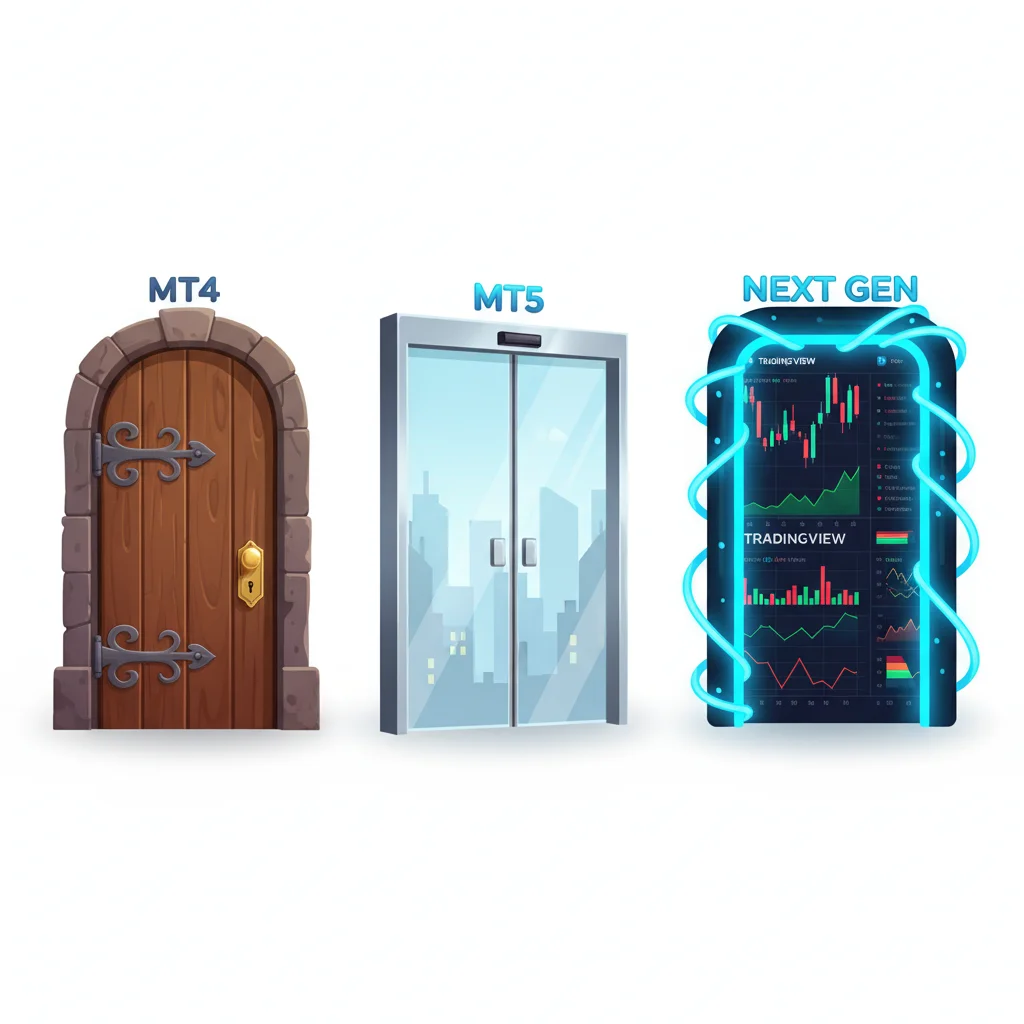 An image showing the evolution of trading platforms from MT4 to MT5 to a 'Next Gen' platform.