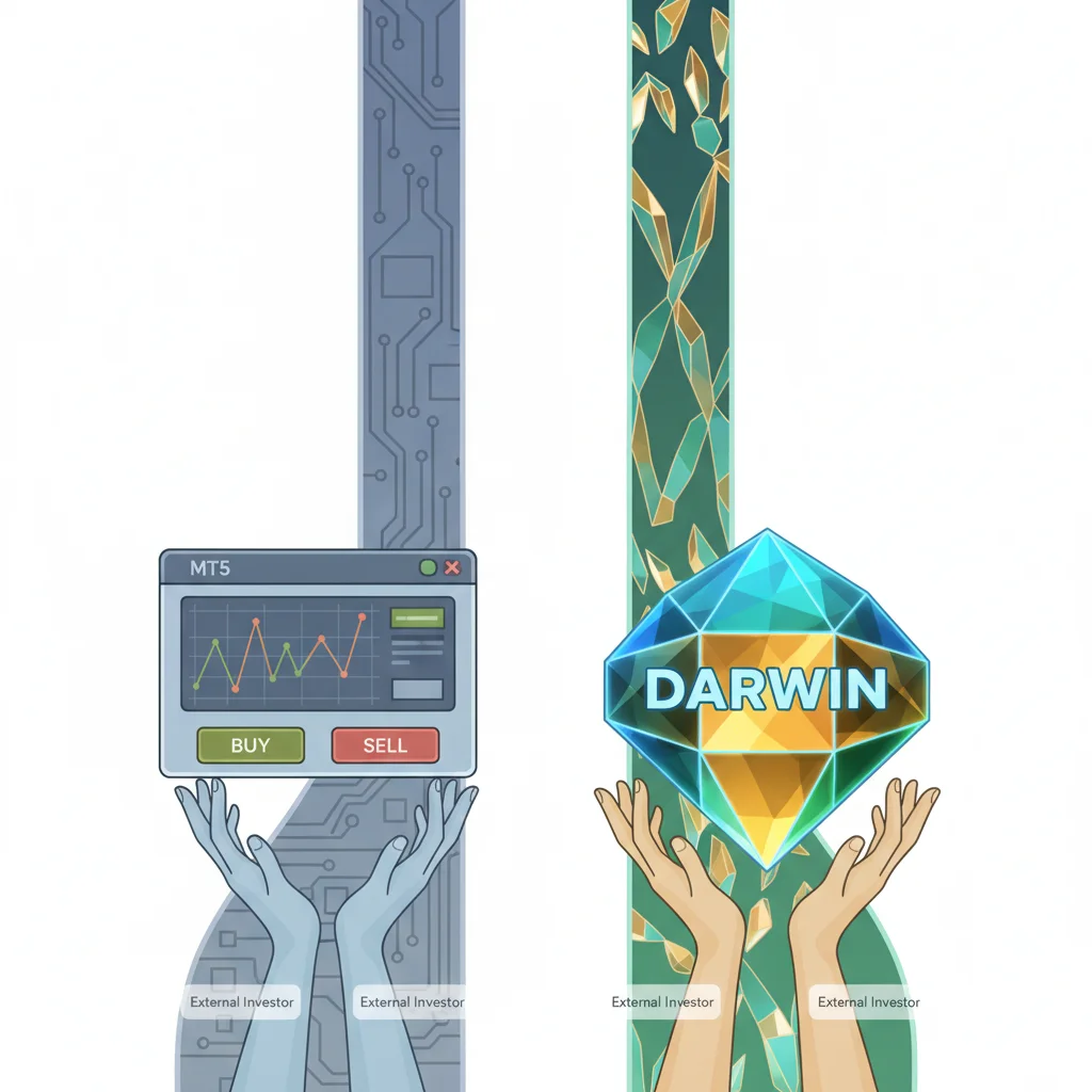 Two pairs of hands, labeled "External Investor," hold up different trading platforms: MT5 and DARWIN.
