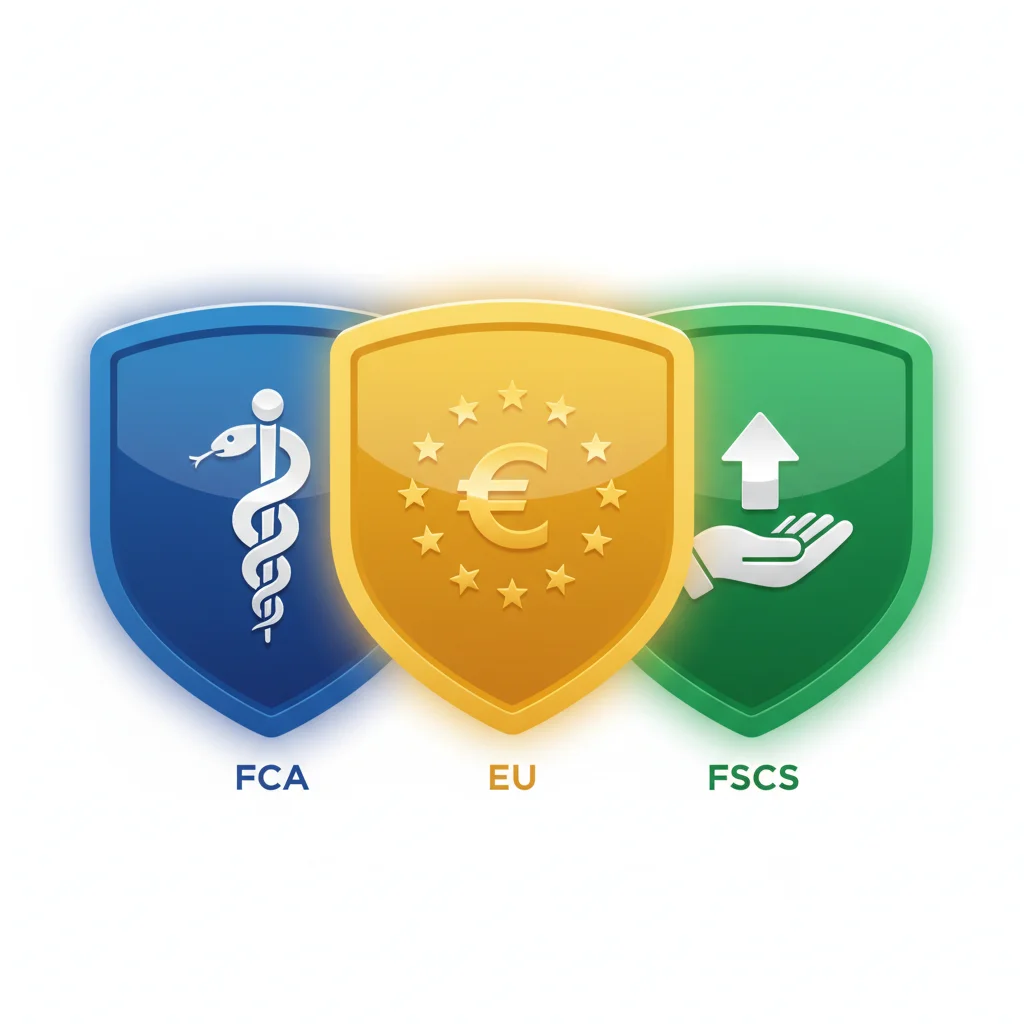 Three colorful shields with symbols representing financial and regulatory bodies.