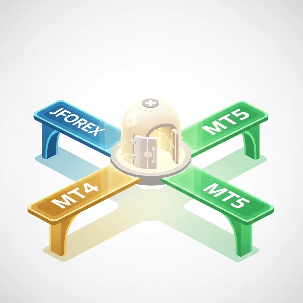 An isometric illustration of a central dome connected to four platforms labeled JFOREX, MT4, and two MT5.