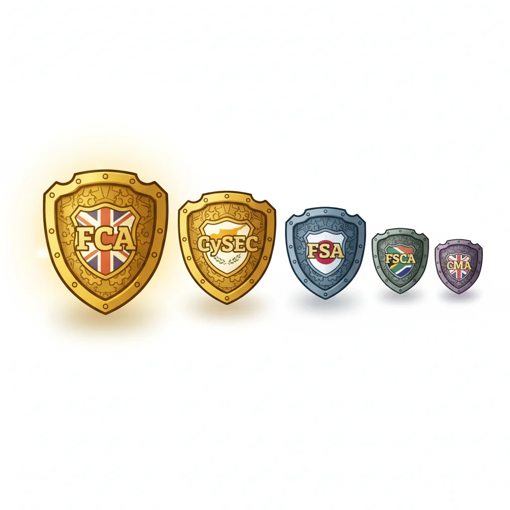 Five stylized shields representing financial regulatory bodies from different countries.