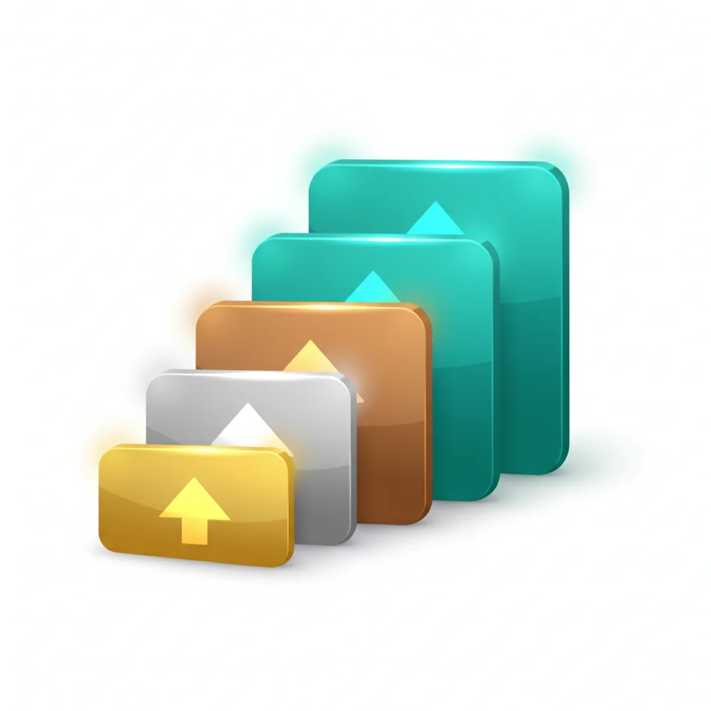 Five glossy, rounded rectangles with upward arrows, increasing in size and color.