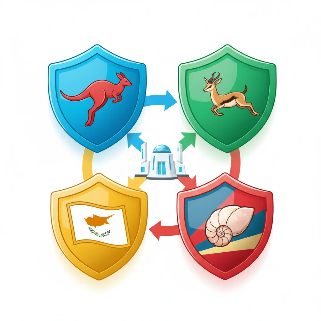 Four shields representing different entities, connected by arrows to a central building.