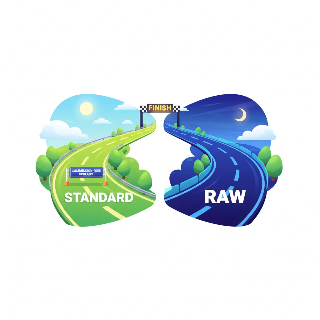 Two distinct roads, one labeled "STANDARD" with "COMMISSION-FREE SPREADS" and the other "RAW," both leading to a "FINISH" line.
