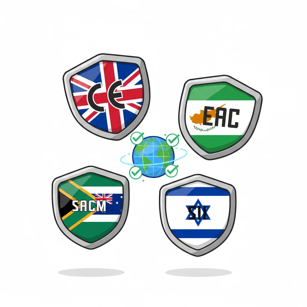 Four national shields with regulatory marks surround a global compliance icon.