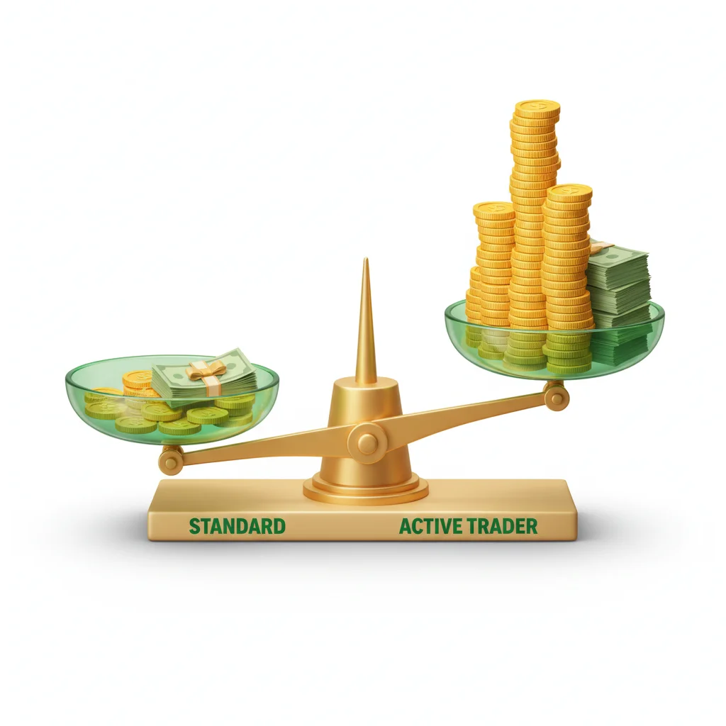 A gold balance scale shows significantly more money on the "ACTIVE TRADER" side.