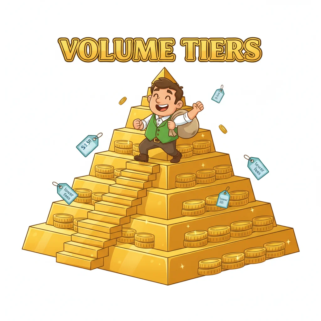 A happy man climbs a golden pyramid of coins, representing "VOLUME TIERS" with price tags indicating benefits.