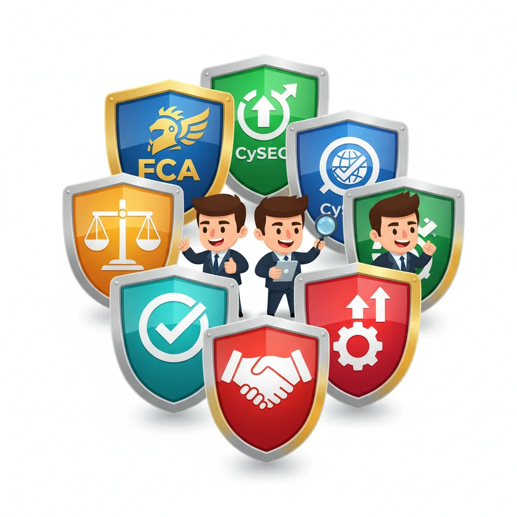 Cartoon businessmen surrounded by various shields representing security, regulation, and finance.