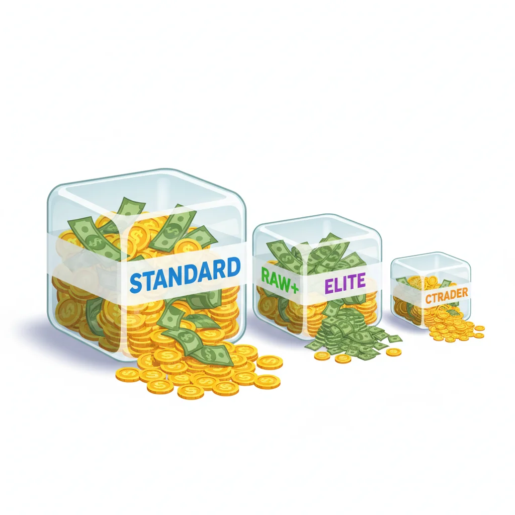 Three clear containers labeled "STANDARD," "RAW+ ELITE," and "CTRADER" filled with money.