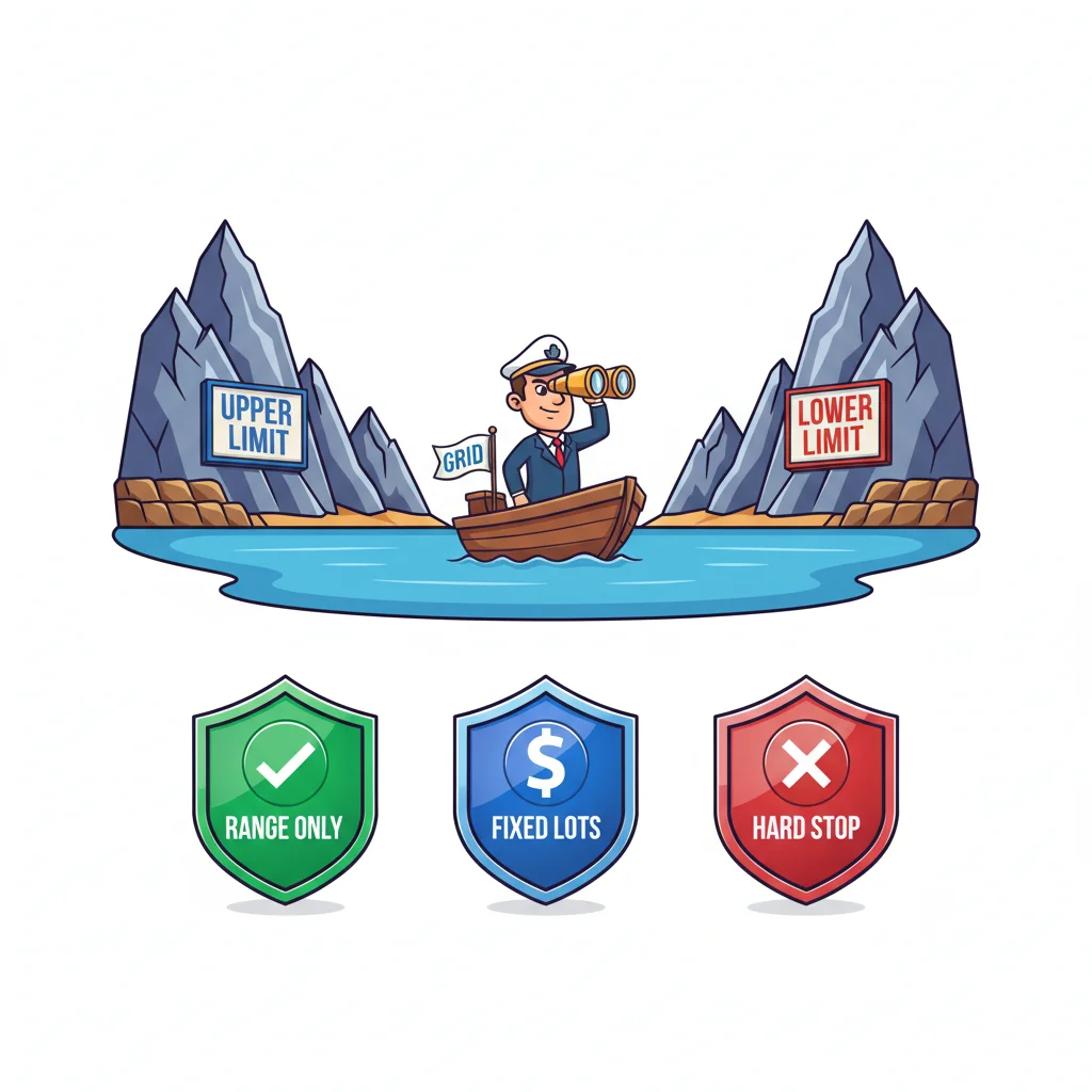 Configurazione sicura di grid trading con vincoli per sopravvivere ai trend