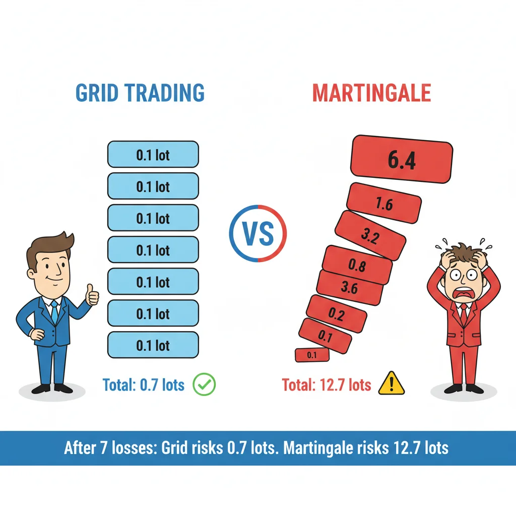 Grafico a barre che confronta il grid trading (0.1 lotti piatti) vs martingala (raddoppio a 6.4 lotti) dopo 7 perdite consecutive