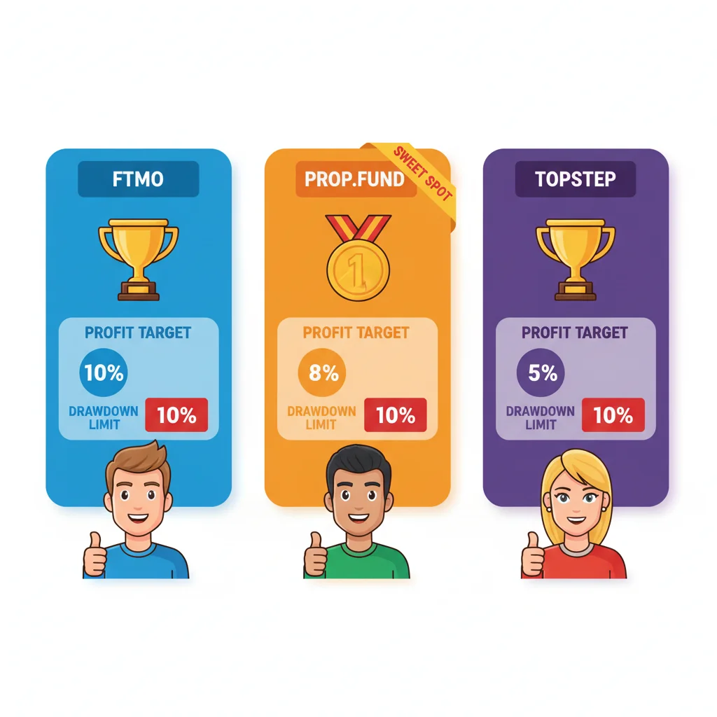Ba thẻ so sánh quỹ cấp vốn hiển thị các yêu cầu $50K của FTMO, PROP.FUND và TOPSTEP với mục tiêu lợi nhuận và sụt giảm.