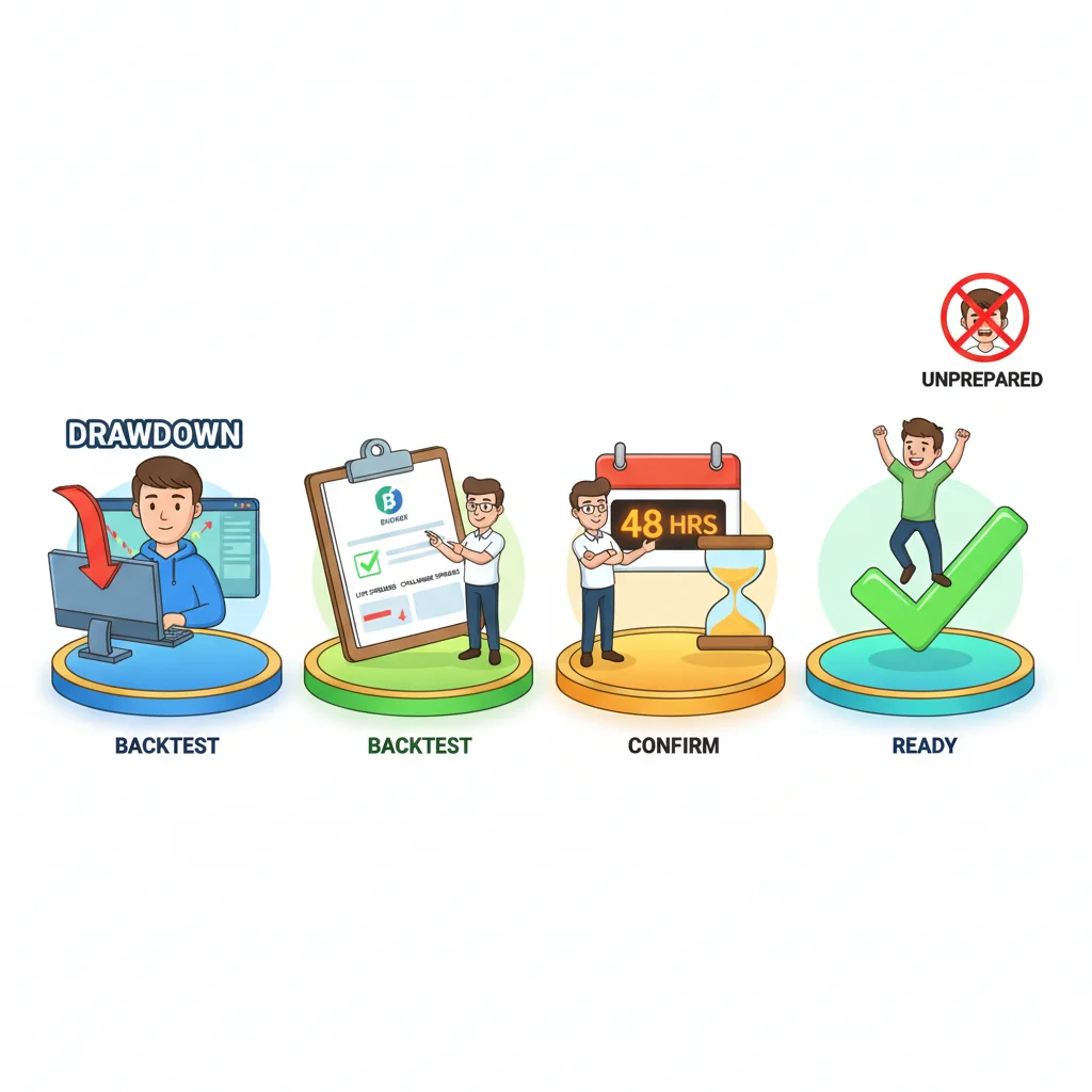 Infographic danh sách kiểm tra trước thử thách 4 bước với các nhân vật nhà giao dịch và đồng hồ đếm ngược