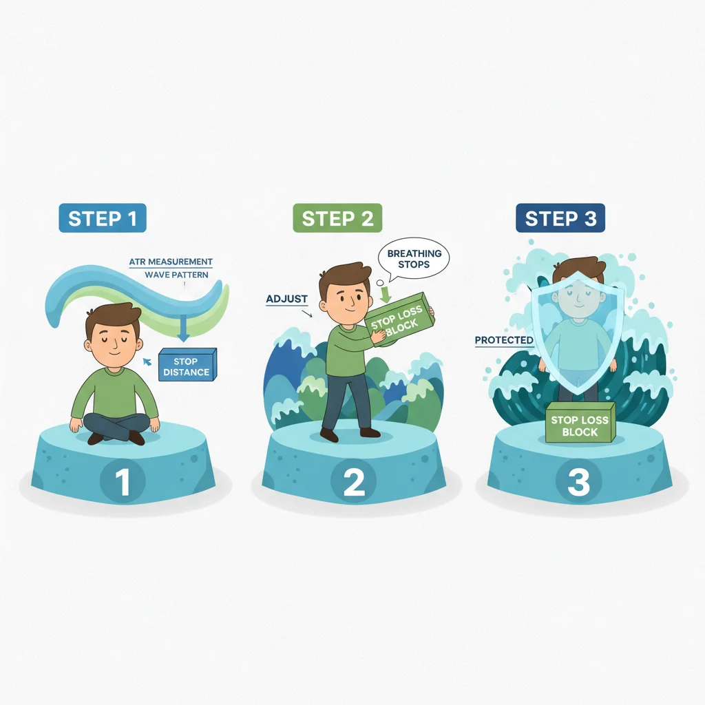 Three-step infographic showing trader adjusting stop loss based on ATR waves, from calm measurement to protected position.