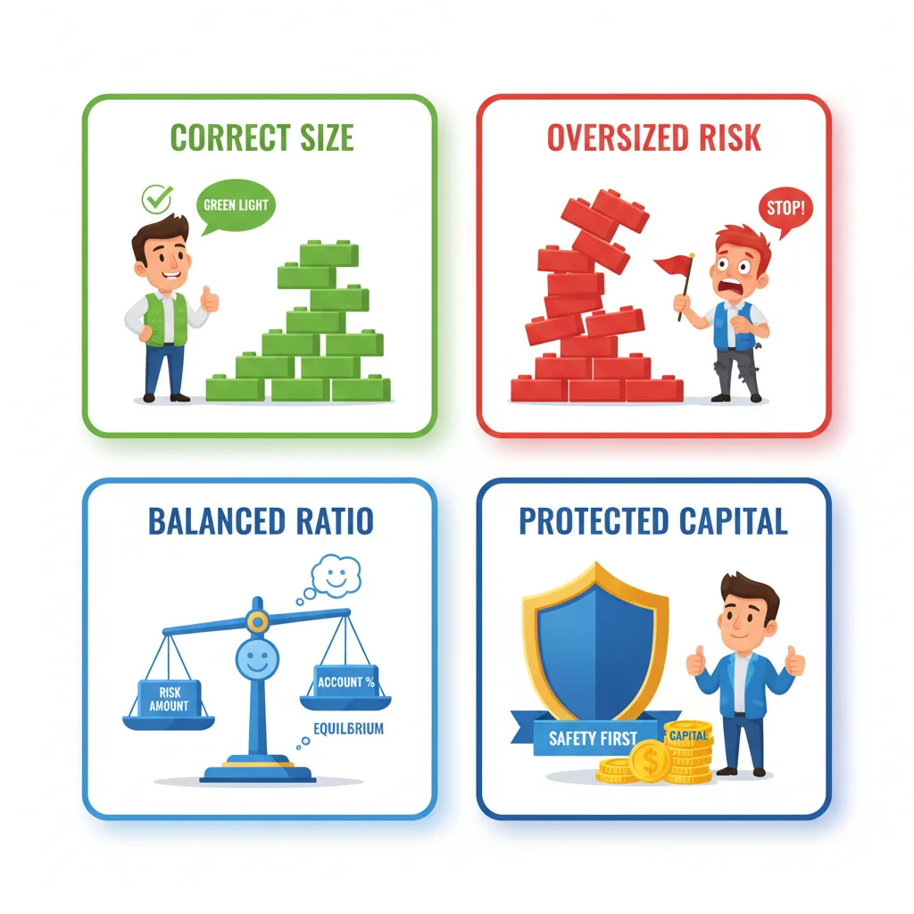 Infographic comparing correct vs oversized position sizing with trader emotions and protective measures