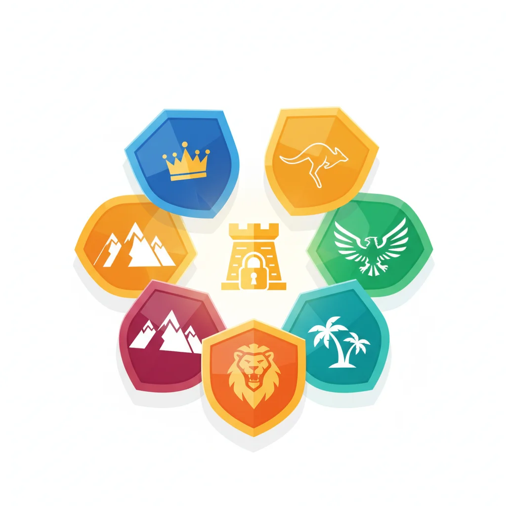 A central castle icon surrounded by seven colorful shields with various symbols.