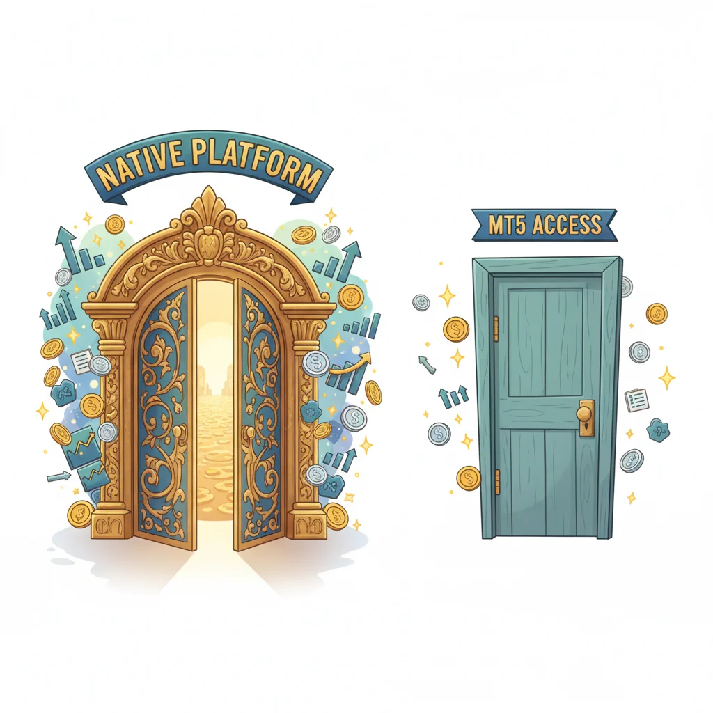An ornate golden gate labeled "NATIVE PLATFORM" opens to a bright path, while a simple blue door labeled "MT5 ACCESS" stands closed, both surrounded by financial symbols.