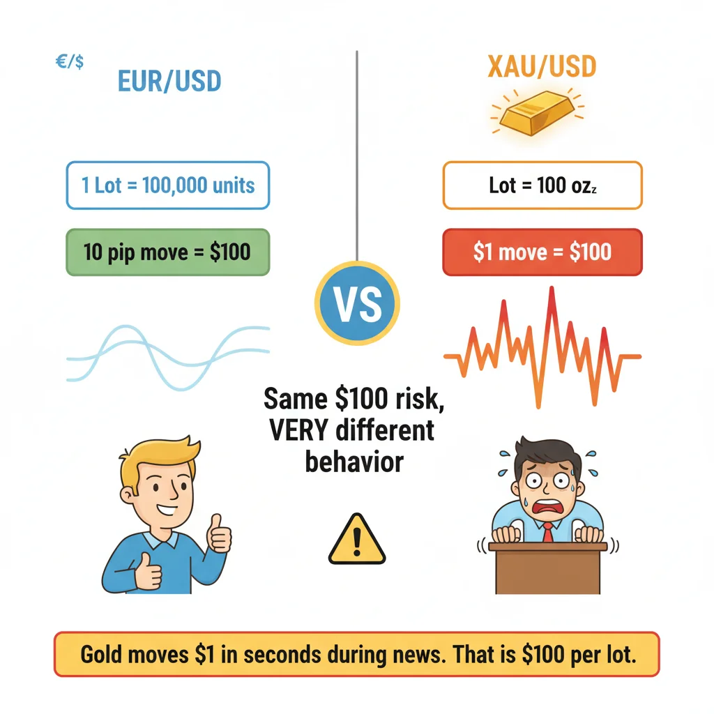 Сравнение EUR/USD и XAU/USD — одинаковый долларовый риск, совершенно разные размеры лотов и волатильность