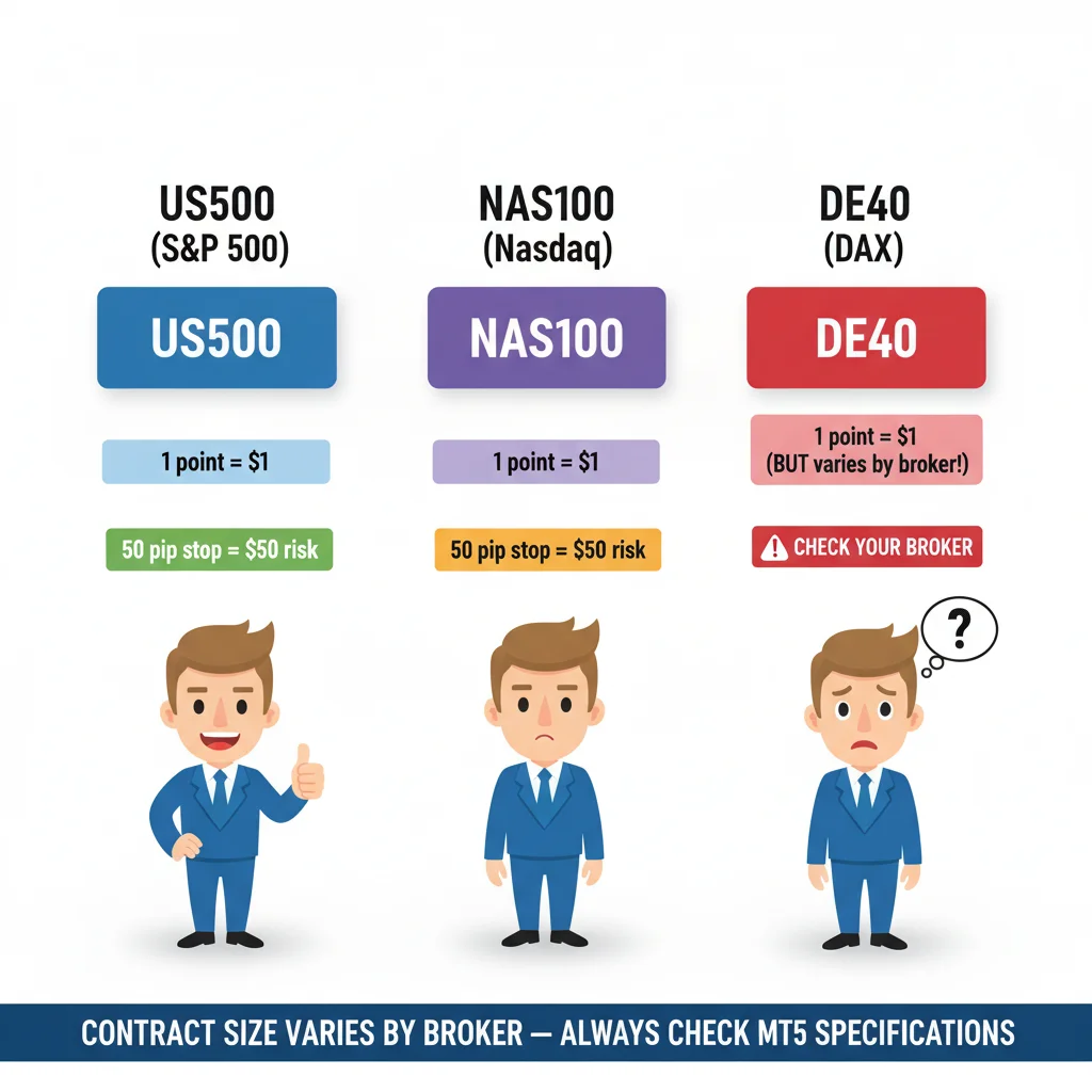 Сравнение размеров контрактов для US500, NAS100 и DE40 — варьируется в зависимости от брокера