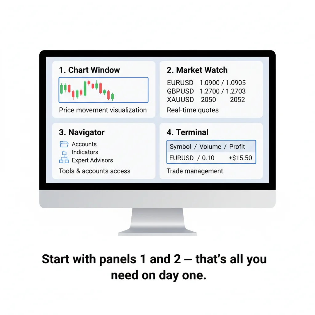 Przegląd interfejsu platformy MT5 — cztery kluczowe panele: Wykres, Obserwacja Rynku, Nawigator, Terminal