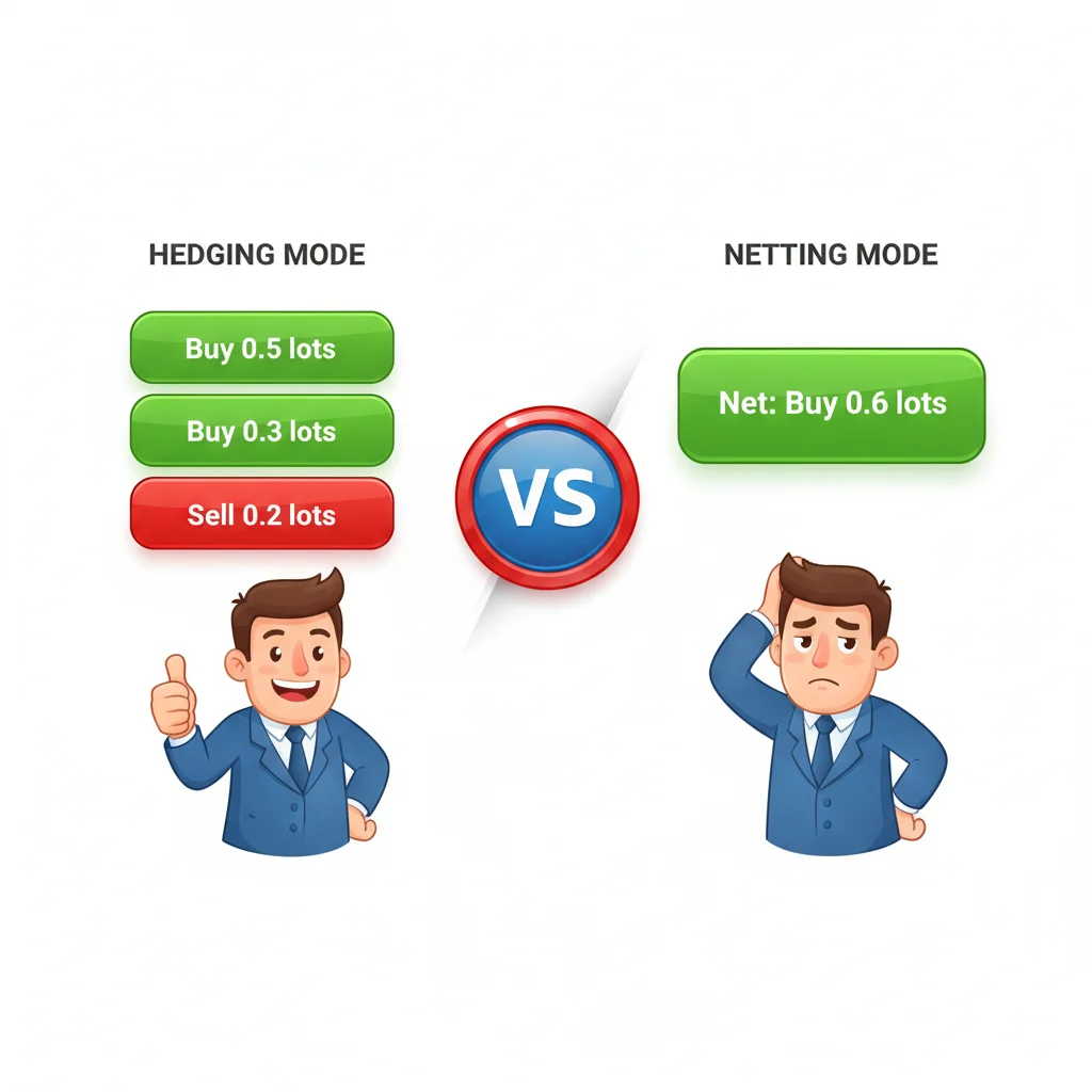 MT5でのヘッジング vs ネッティング — 3つの個別ポジション vs 1つの統合された純ポジション