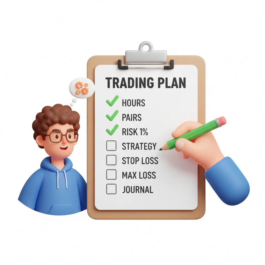 Lista kontrolna pierwszego planu handlowego — godziny, instrumenty, ryzyko na transakcję, strategia, stop loss, dzienny limit, dziennik