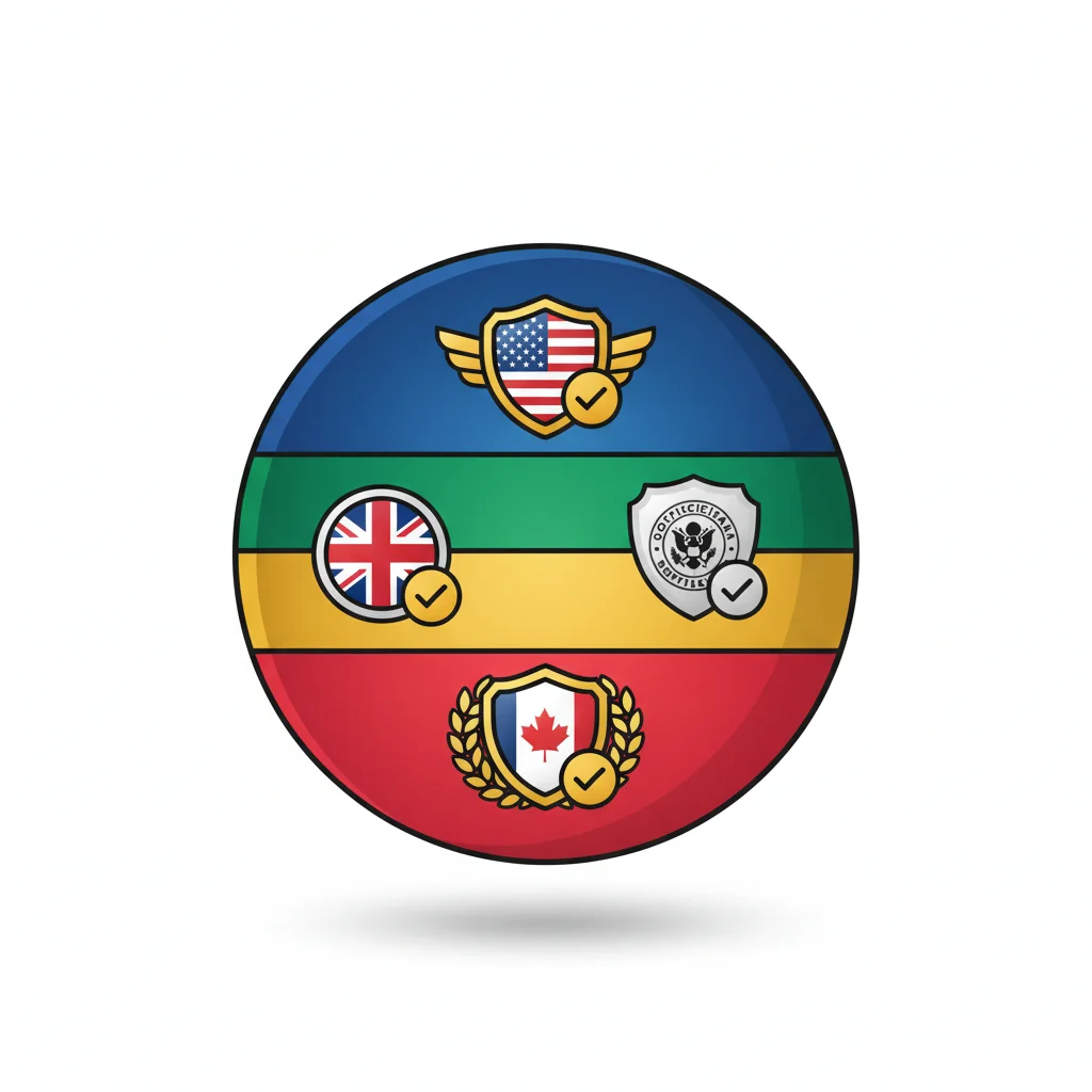 A circular emblem with four colored stripes, featuring national flags and shields with checkmarks.